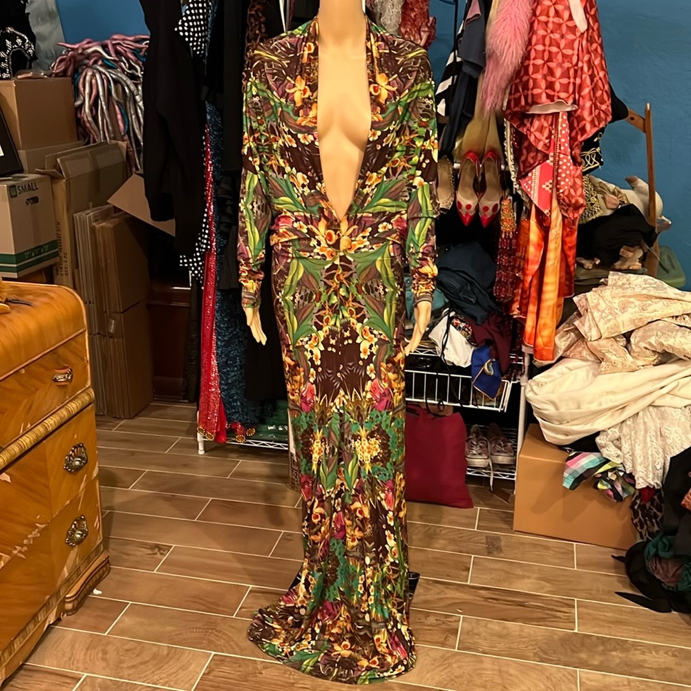 Iconic Jennifer Lopez plunge inspired spandex tropical maxi dress size S/M